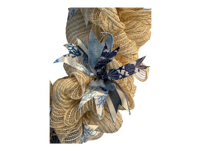 18" Cream Mesh Burlap Wreath with Coastal Wired Bow & Real Starfish – Coastal or Farmhouse Door Decor