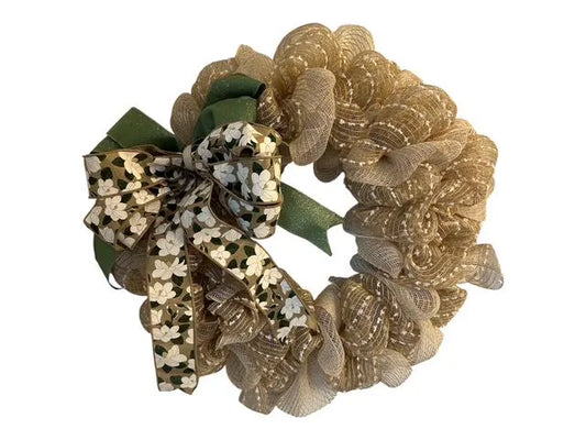 18" Tan Mesh Burlap Wreath with Magnolia & Green Wired Removable Bow – Coastal / Farmhouse Door Wreath - Beach House Decor
