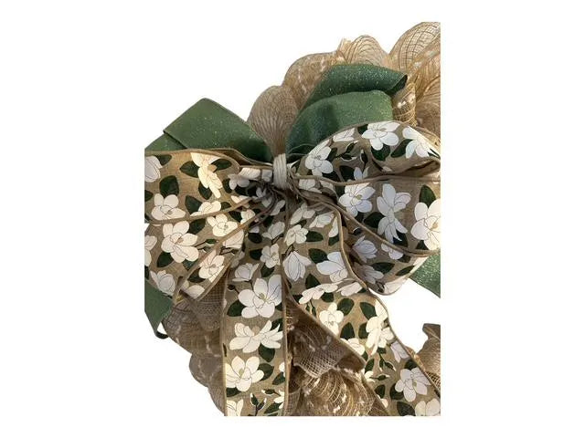 18" Tan Mesh Burlap Wreath with Magnolia & Green Wired Removable Bow – Coastal / Farmhouse Door Wreath - Beach House Decor