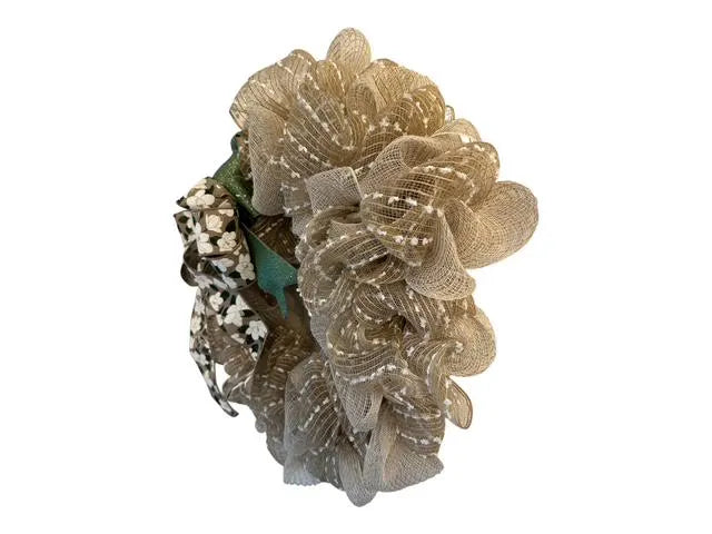 18" Tan Mesh Burlap Wreath with Magnolia & Green Wired Removable Bow – Coastal / Farmhouse Door Wreath - Beach House Decor