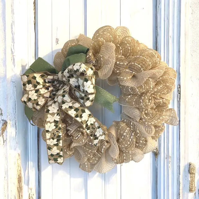 18" Tan Mesh Burlap Wreath with Magnolia & Green Wired Removable Bow – Coastal / Farmhouse Door Wreath - Beach House Decor