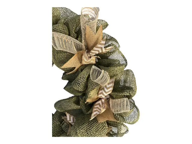 18" Green Mesh Burlap Wreath with Starfish & Removable Coastal Wired Ribbon Bow – Coastal Door- Beach House