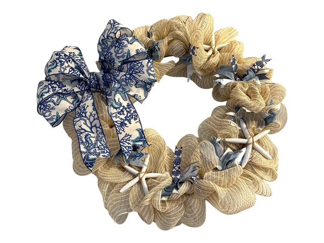 18" Cream Mesh Burlap Wreath with Coastal Wired Bow & Real Starfish – Coastal or Farmhouse Door Decor
