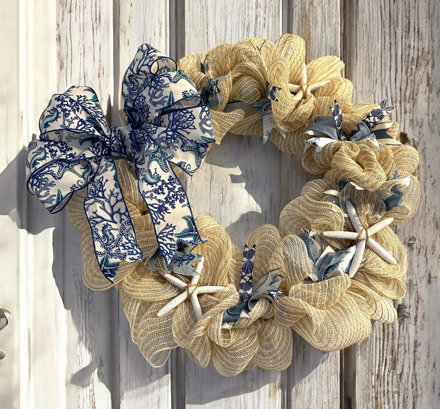 18" Cream Mesh Burlap Wreath with Coastal Wired Bow & Real Starfish – Coastal or Farmhouse Door Decor