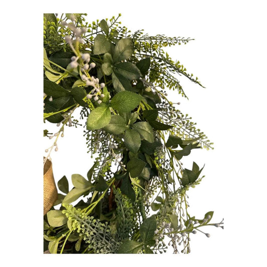 18" Grapevine Wreath- Faux Greenery- Sage & Lavender With Removable Burlap Bow, Farmhouse/Coastal