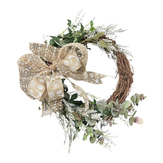 18" Grapevine Wreath with Greens & White Flowers- Removable Coastal Bow- Coastal or Farmhouse Decor- Every Day Year-Round Charm!