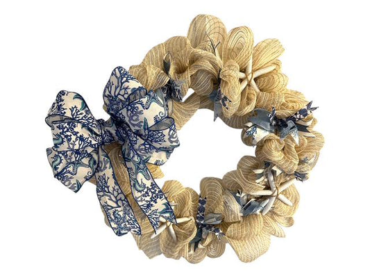 18" Cream Mesh Burlap Wreath with Coastal Wired Bow & Real Starfish – Coastal or Farmhouse Door Decor