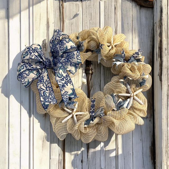 18" Cream Mesh Burlap Wreath with Coastal Wired Bow & Real Starfish – Coastal or Farmhouse Door Decor