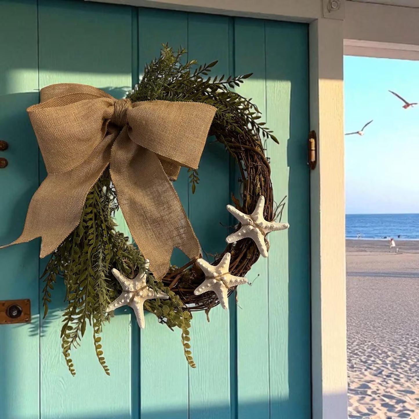 18" Coastal Starfish Greenery Grapevine Wreath- Great for All Year Round - Coastal Decor- Removable Bow