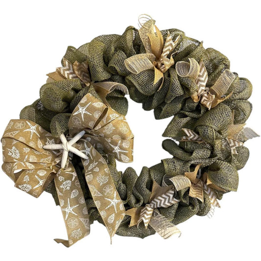 18" Green Mesh Burlap Wreath with Starfish & Removable Coastal Wired Ribbon Bow – Coastal Door- Beach House