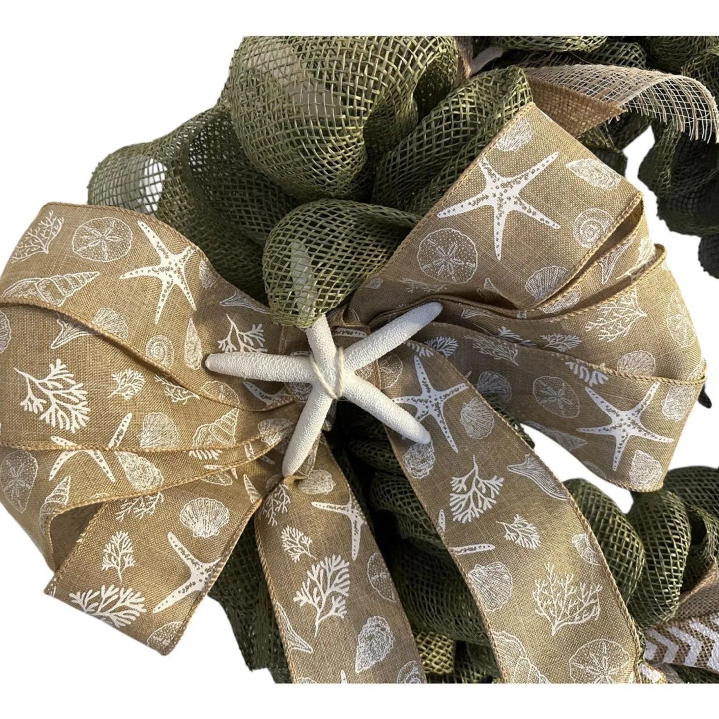 18" Green Mesh Burlap Wreath with Starfish & Removable Coastal Wired Ribbon Bow – Coastal Door- Beach House