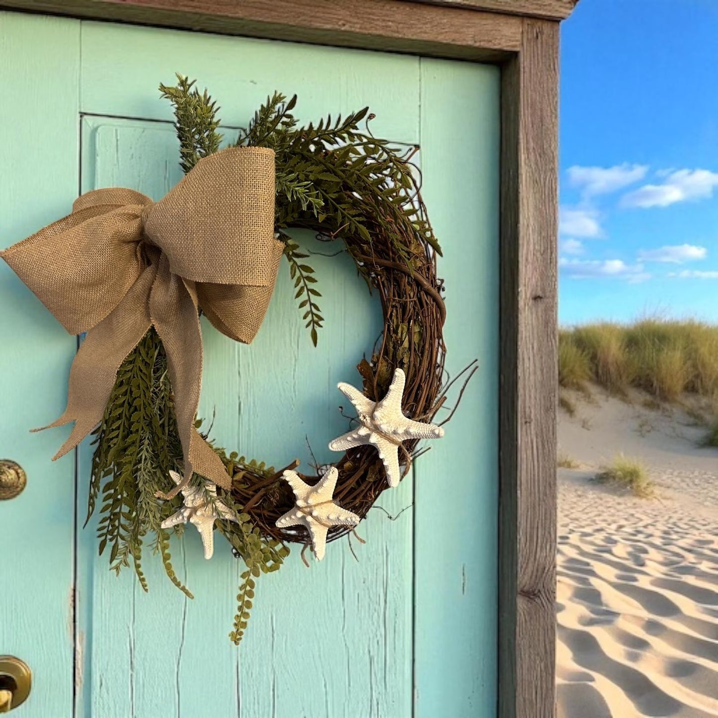 18" Coastal Starfish Greenery Grapevine Wreath- Great for All Year Round - Coastal Decor- Removable Bow