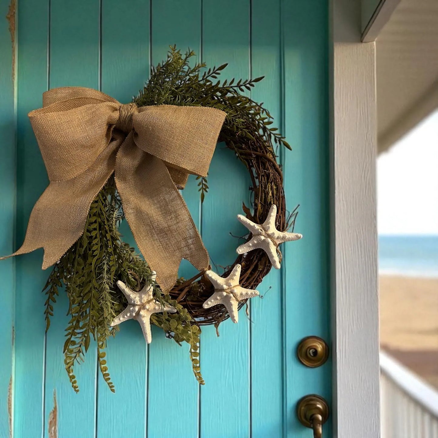 18" Coastal Starfish Greenery Grapevine Wreath- Great for All Year Round - Coastal Decor- Removable Bow