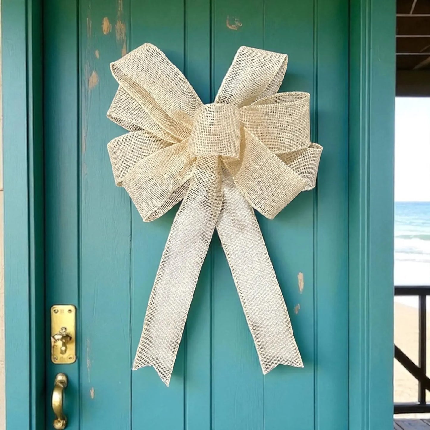 Large Off-White Burlap Bow- 12"x16"- 9 Loop, Farmhouse / Coastal/ Wedding Natural Burlap Bow