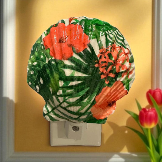 Nightlight Coastal Scallop Shell Decoupage Shell Art Light- Beach Theme Home Decor for Ocean Lovers - Unique Handmade Gift Item-Automatic on