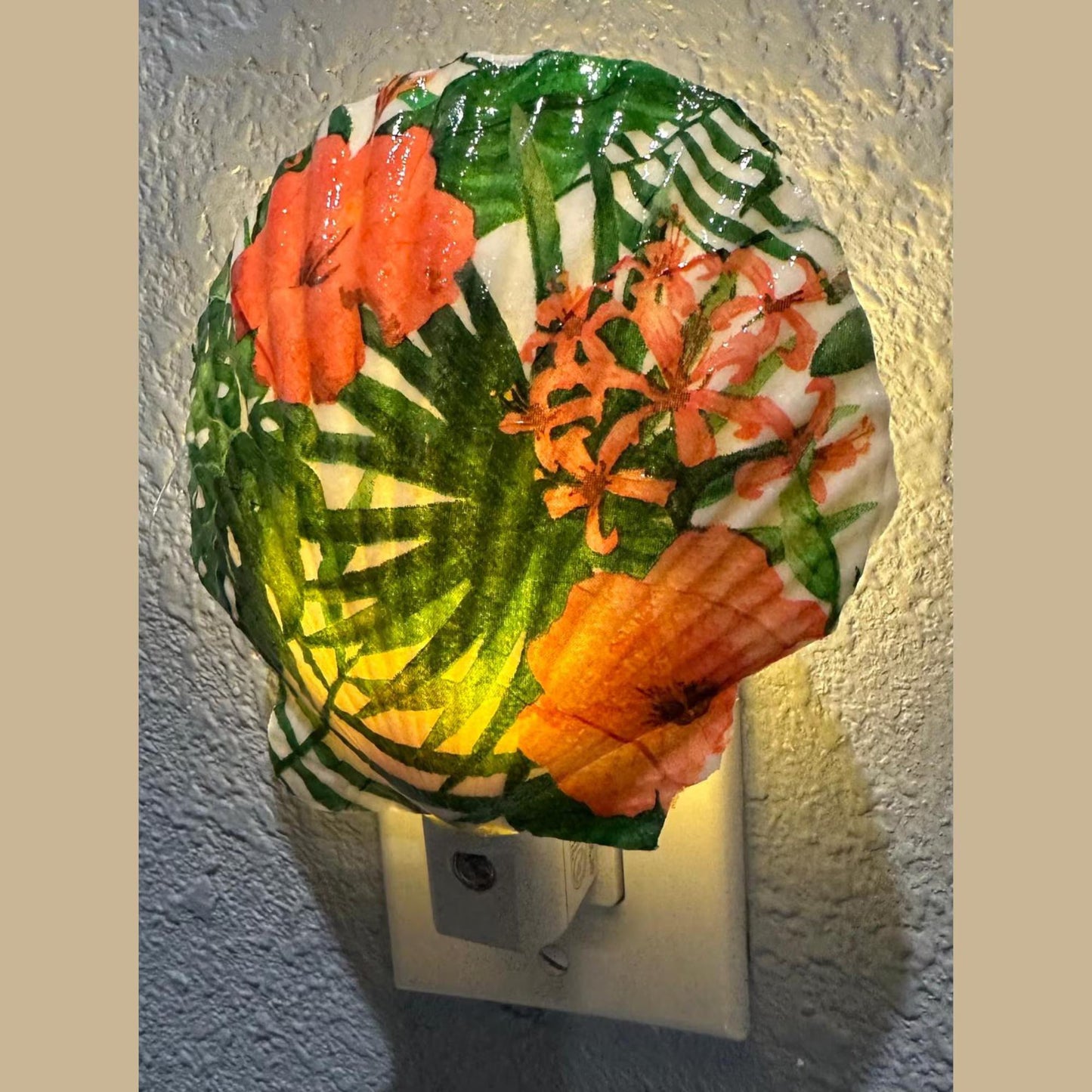 Nightlight Coastal Scallop Shell Decoupage Shell Art Light- Beach Theme Home Decor for Ocean Lovers - Unique Handmade Gift Item-Automatic on