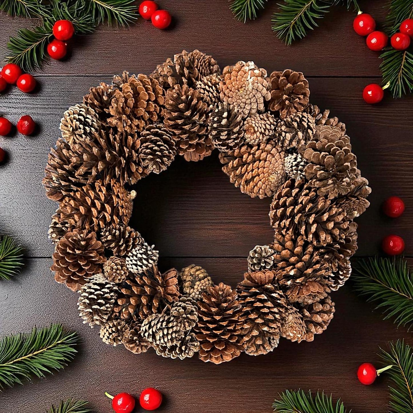 18" Pinecone Wreath | Rustic Front Door Wreath or Holiday Table Centerpiece | Natural Winter & Christmas Decor