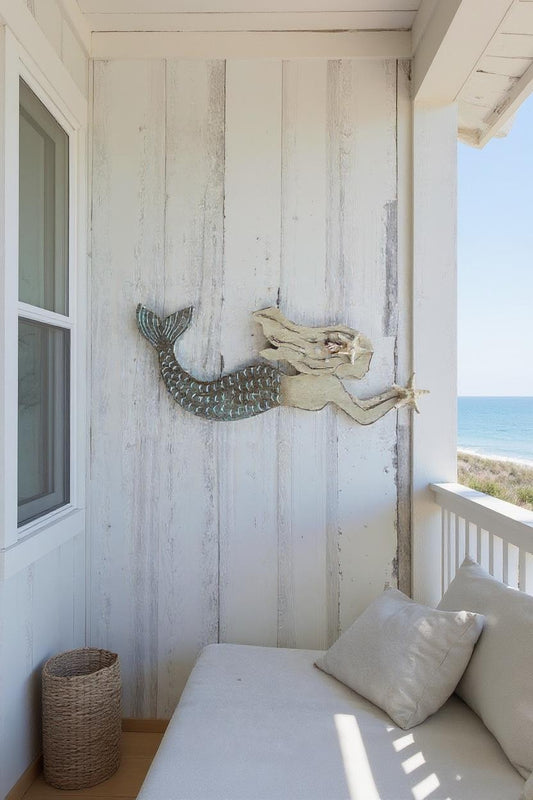 Handcrafted Wooden Mermaid Wall Décor | 30"x10" Etched & Painted Coastal Art with Real Seashells & Starfish | Indoor/Outdoor Beach Accent