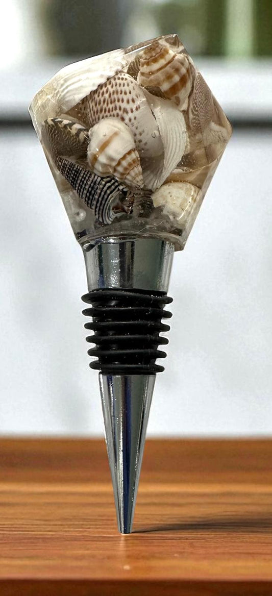 Coastal Resin Wine Bottle Stopper with Real Seashells – Beach House Host Gift, Bar Cart Décor