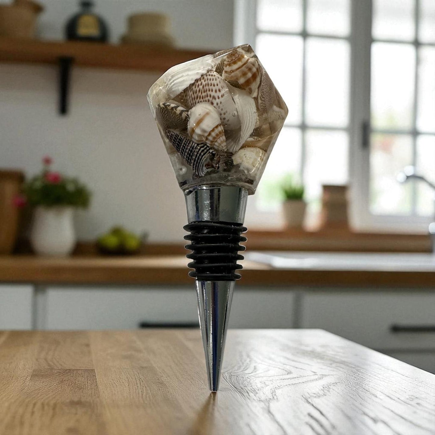 Coastal Resin Wine Bottle Stopper with Real Seashells – Beach House Host Gift, Bar Cart Décor