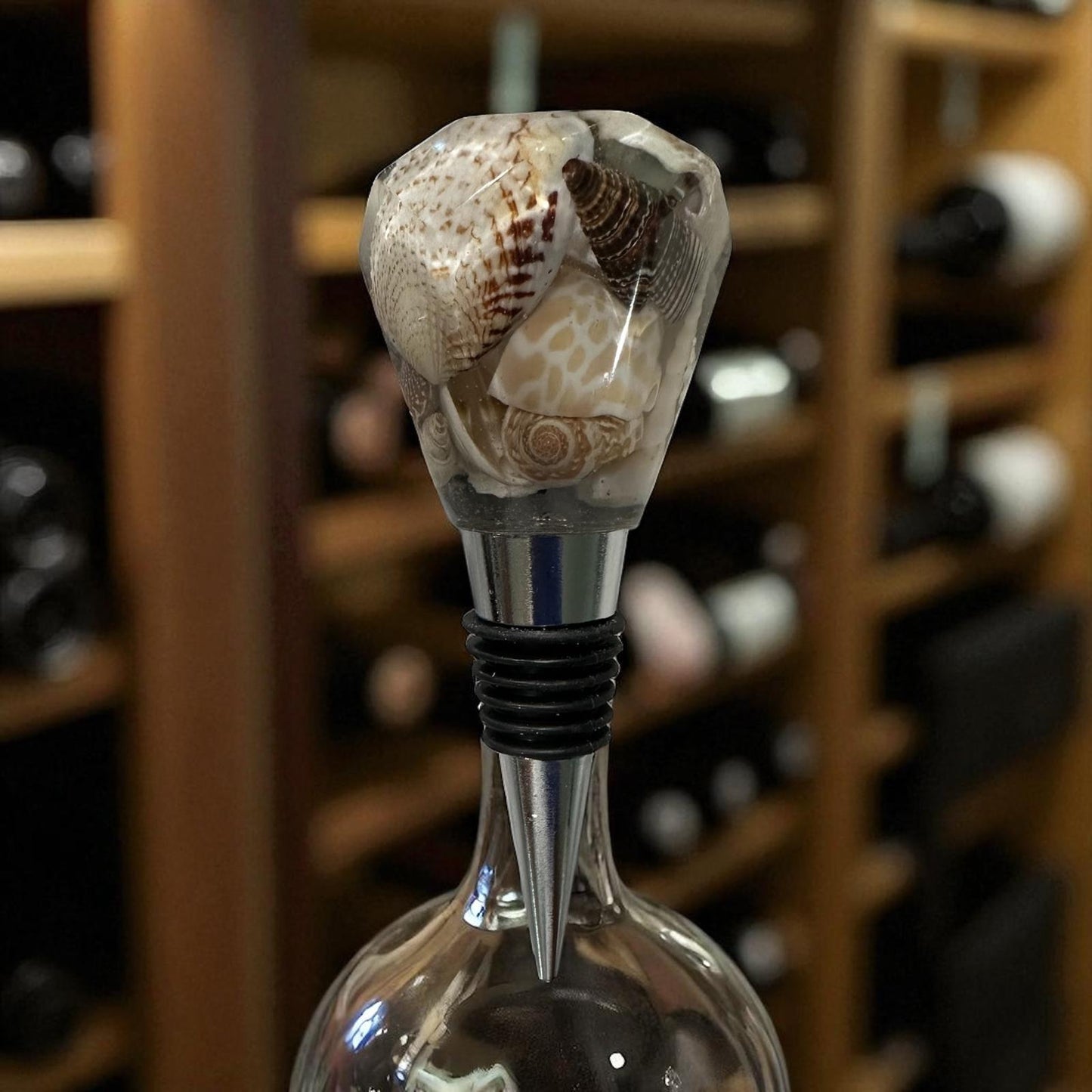 Coastal Resin Wine Bottle Stopper with Real Seashells – Beach House Host Gift, Bar Cart Décor