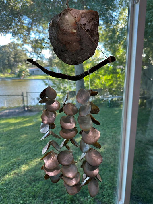 Handmade Seashell Mobile with Brachiopod Fossil | Natural Driftwood & Shell Hanging Décor | Coastal Boho Beach Cottage Wind Chime
