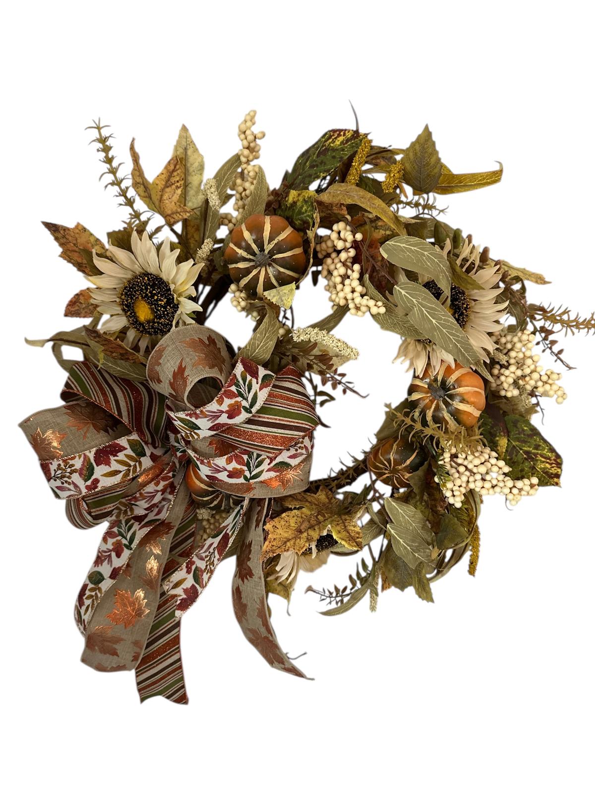 Handcrafted Fall Sunflower & Pumpkin Wreath with Autumn Leaves and Ribbon Bow – Thanksgiving Door or Mantel Decor