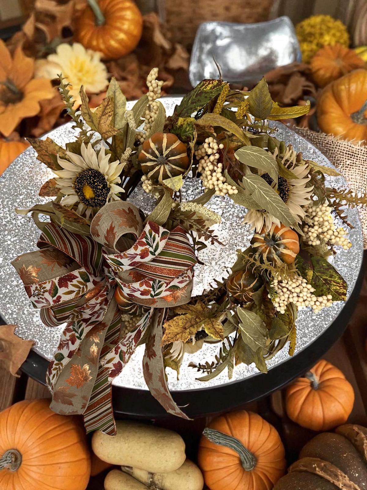 Handcrafted Fall Sunflower & Pumpkin Wreath with Autumn Leaves and Ribbon Bow – Thanksgiving Door or Mantel Decor