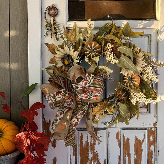 Handcrafted Fall Sunflower & Pumpkin Wreath with Autumn Leaves and Ribbon Bow – Thanksgiving Door or Mantel Decor
