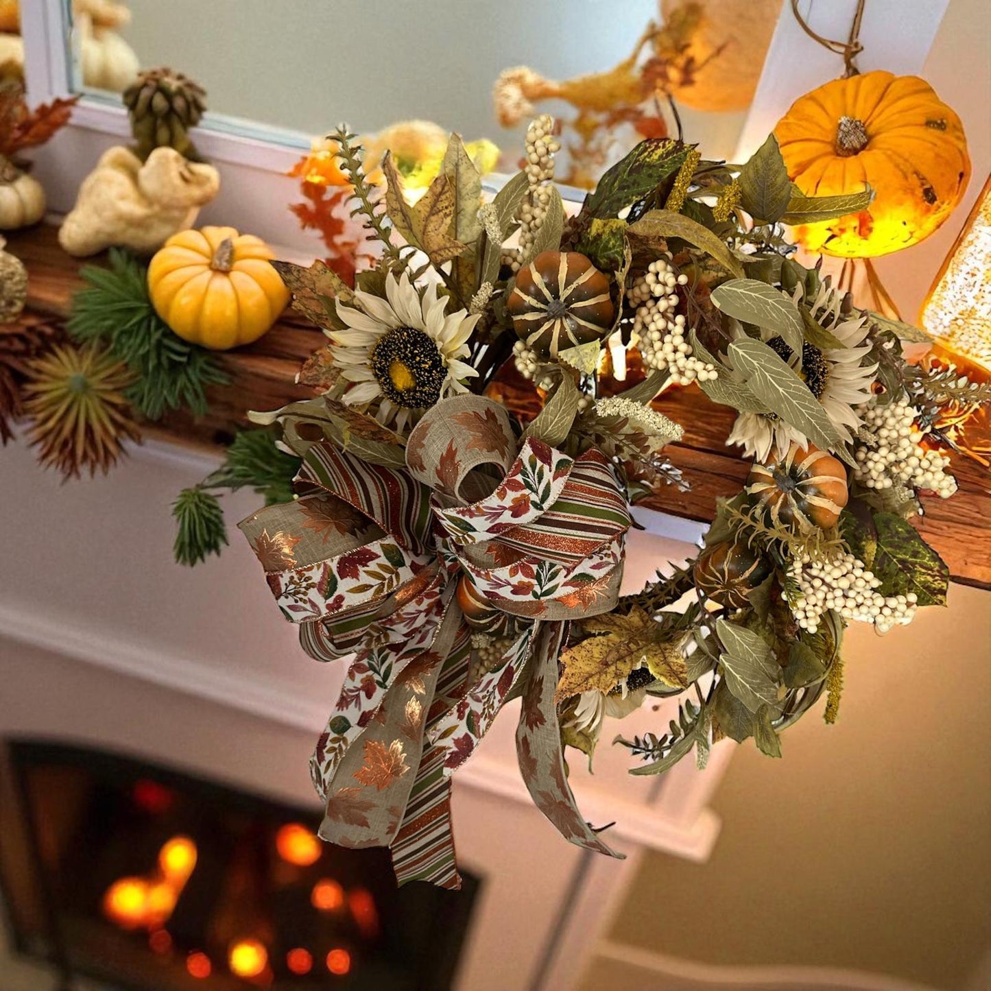 Handcrafted Fall Sunflower & Pumpkin Wreath with Autumn Leaves and Ribbon Bow – Thanksgiving Door or Mantel Decor