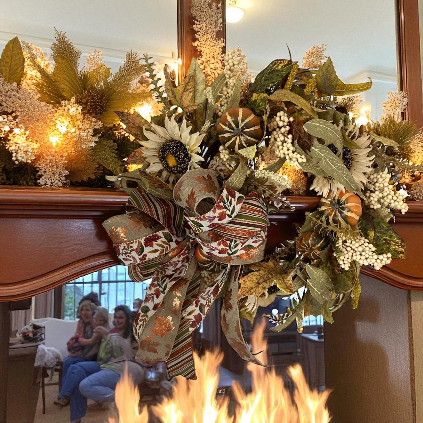 Handcrafted Fall Sunflower & Pumpkin Wreath with Autumn Leaves and Ribbon Bow – Thanksgiving Door or Mantel Decor