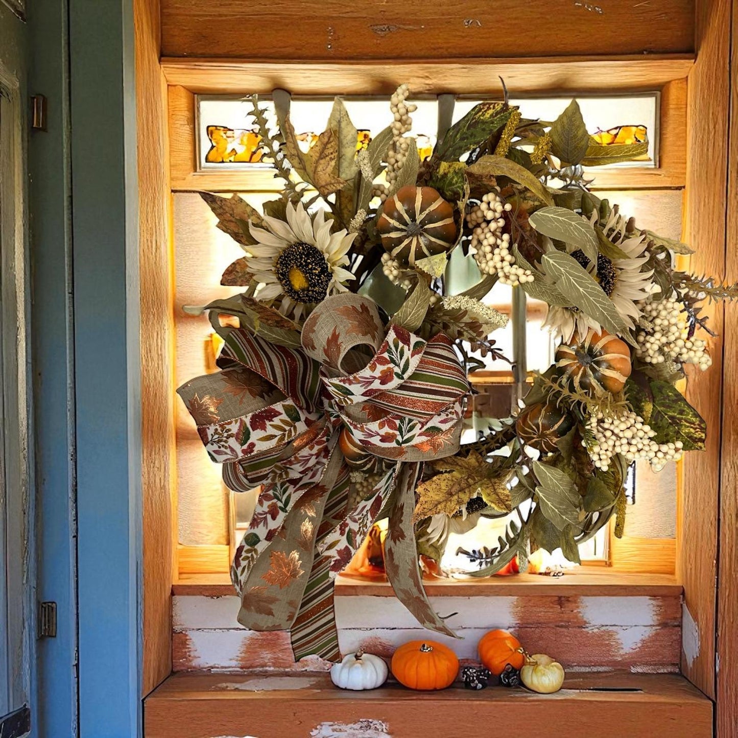 Handcrafted Fall Sunflower & Pumpkin Wreath with Autumn Leaves and Ribbon Bow – Thanksgiving Door or Mantel Decor