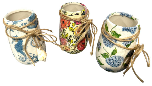 Ceramic Vase 5"- Handmade Decoupaged with Jute Cording- Choose: 3 Coastal Styles