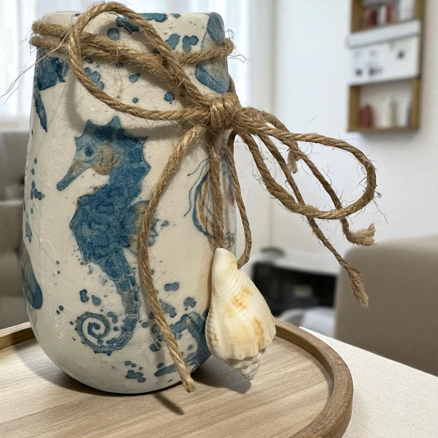 Ceramic Vase 5"- Handmade Decoupaged with Jute Cording- Choose: 3 Coastal Styles