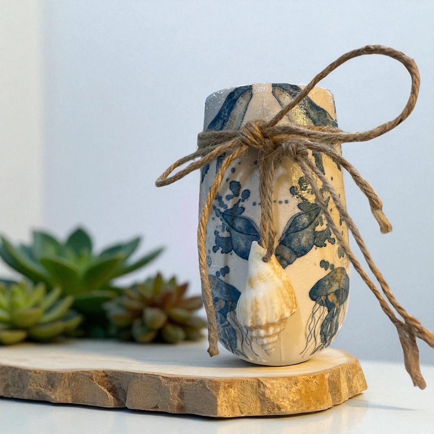 Ceramic Vase 5"- Handmade Decoupaged with Jute Cording- Choose: 3 Coastal Styles