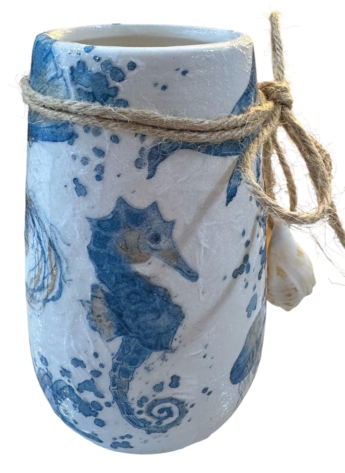 Ceramic Vase 5"- Handmade Decoupaged with Jute Cording- Choose: 3 Coastal Styles