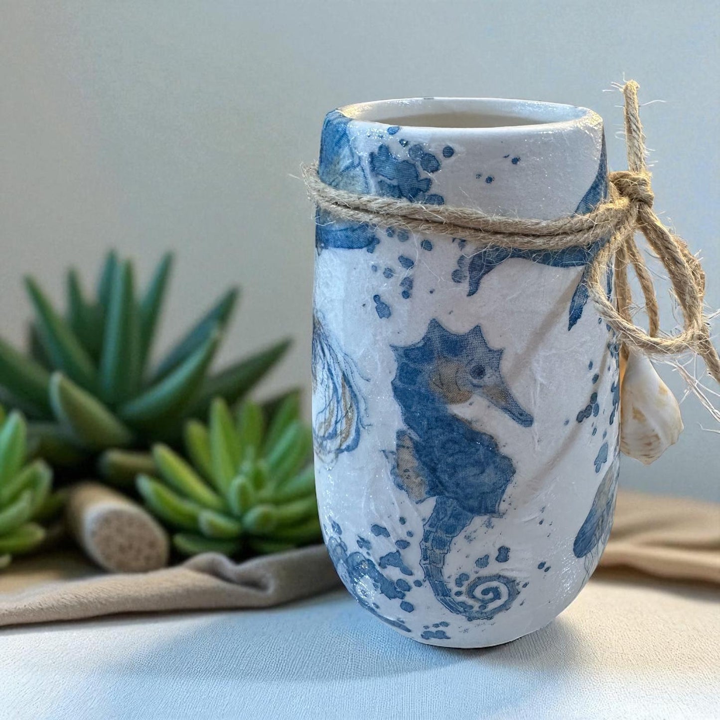 Ceramic Vase 5"- Handmade Decoupaged with Jute Cording- Choose: 3 Coastal Styles