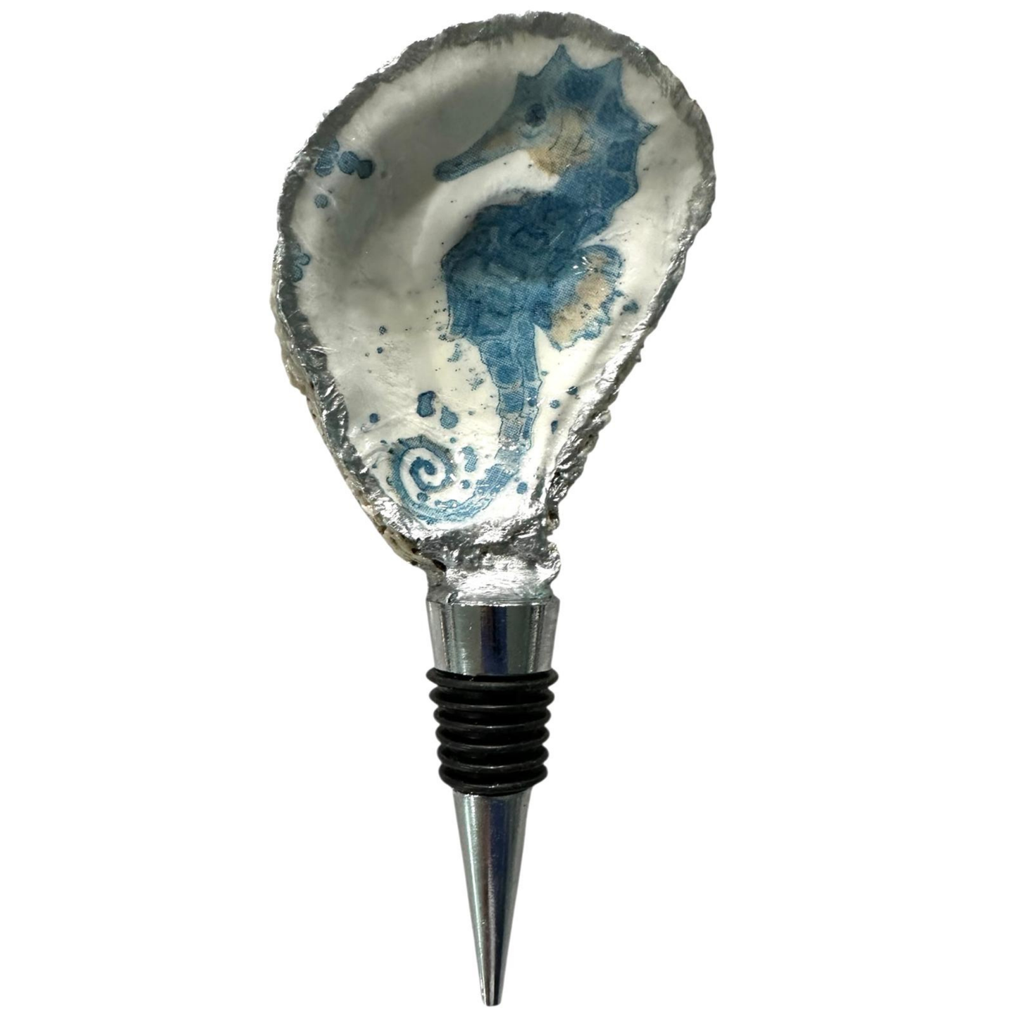 Handmade Oyster Shell Wine Bottle Stoppers – Decoupaged Coastal Designs – Silver-Gilt Edges- Unique Housewarming or Hostess Gift- 6 Styles