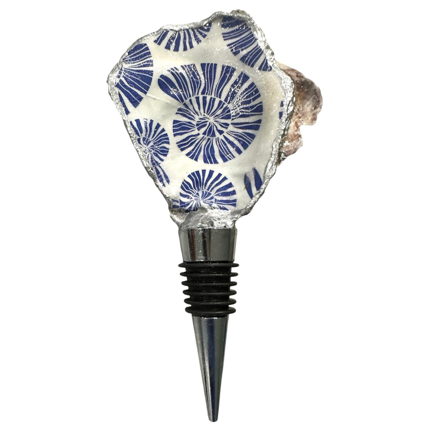 Handmade Oyster Shell Wine Bottle Stoppers – Decoupaged Coastal Designs – Silver-Gilt Edges- Unique Housewarming or Hostess Gift- 6 Styles