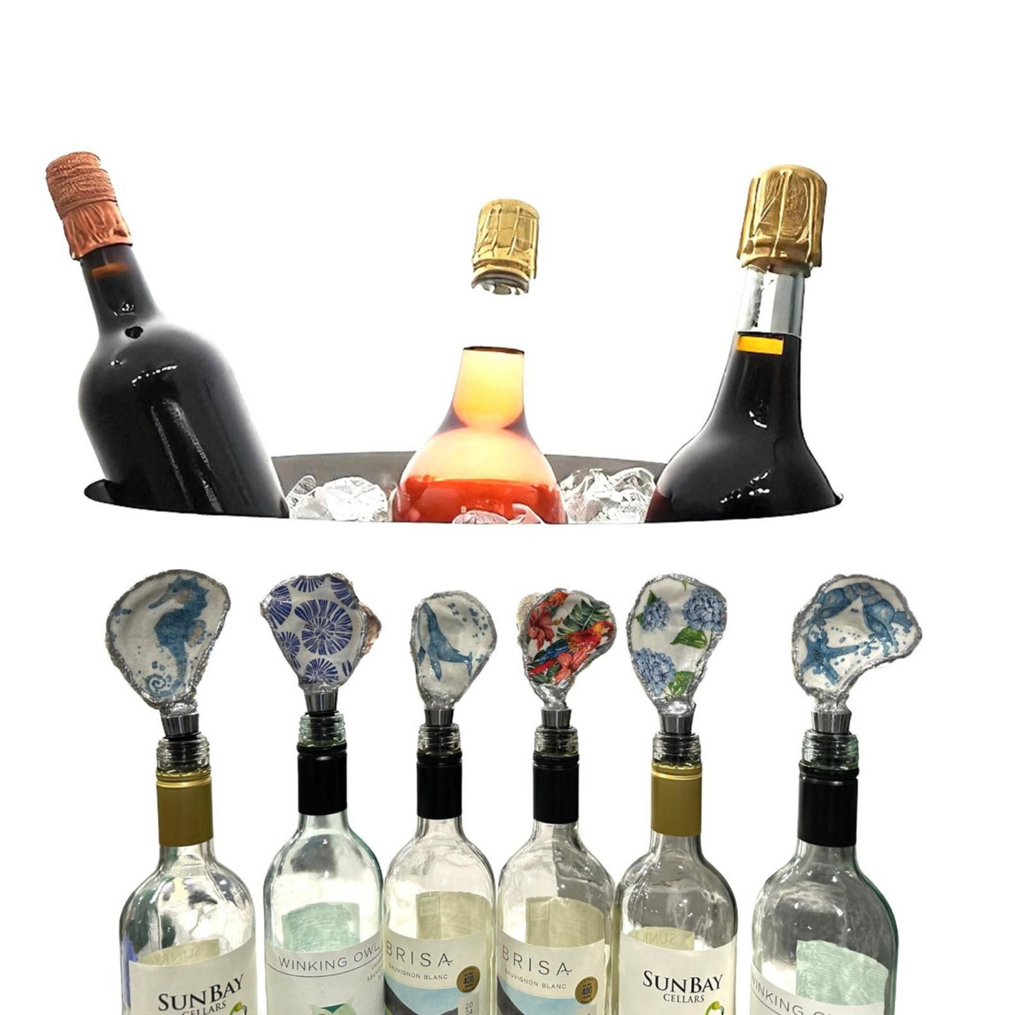 Handmade Oyster Shell Wine Bottle Stoppers – Decoupaged Coastal Designs – Silver-Gilt Edges- Unique Housewarming or Hostess Gift- 6 Styles