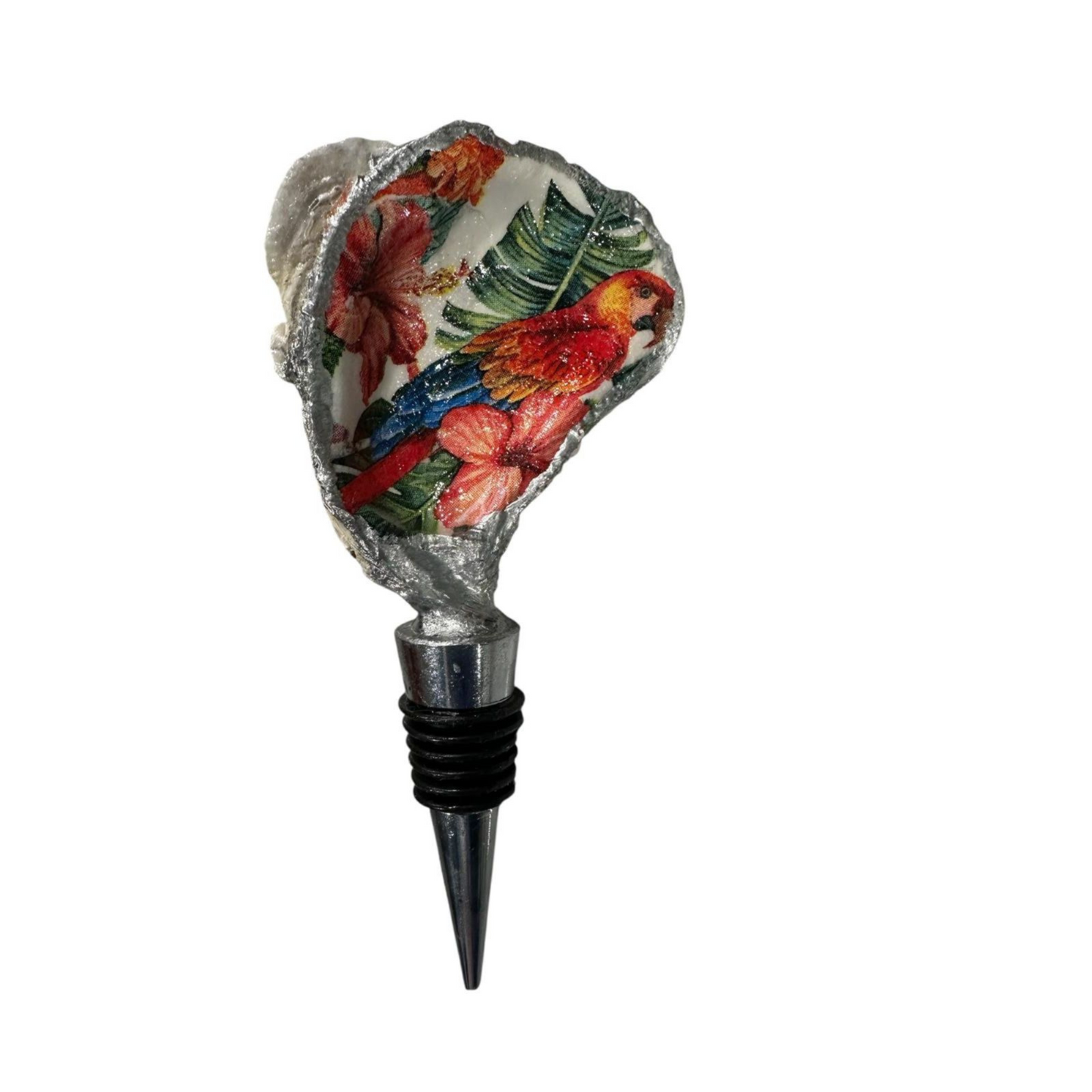 Handmade Oyster Shell Wine Bottle Stoppers – Decoupaged Coastal Designs – Silver-Gilt Edges- Unique Housewarming or Hostess Gift- 6 Styles