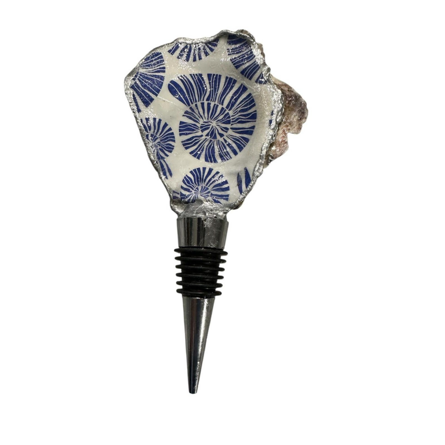 Handmade Oyster Shell Wine Bottle Stoppers – Decoupaged Coastal Designs – Silver-Gilt Edges- Unique Housewarming or Hostess Gift- 6 Styles