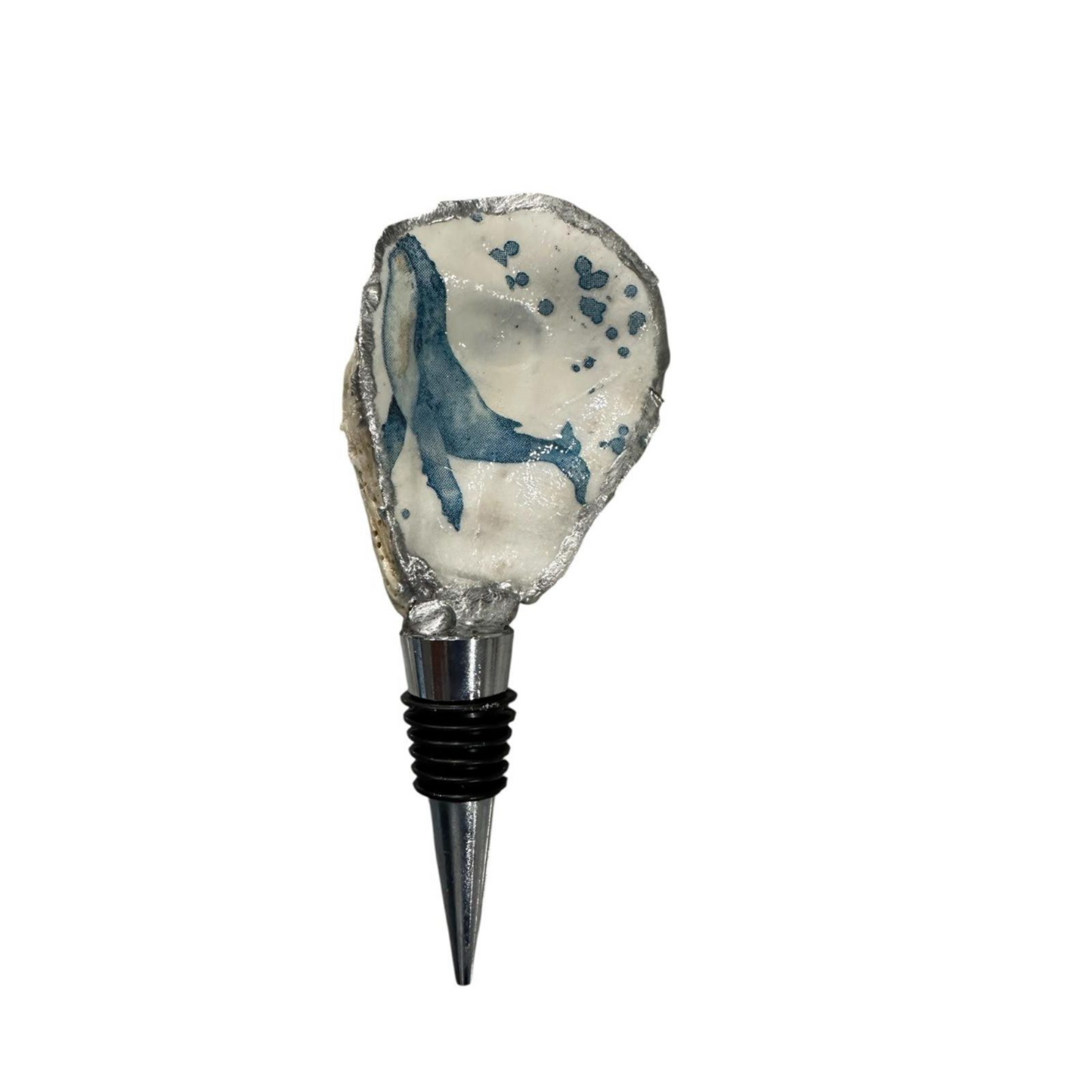 Handmade Oyster Shell Wine Bottle Stoppers – Decoupaged Coastal Designs – Silver-Gilt Edges- Unique Housewarming or Hostess Gift- 6 Styles