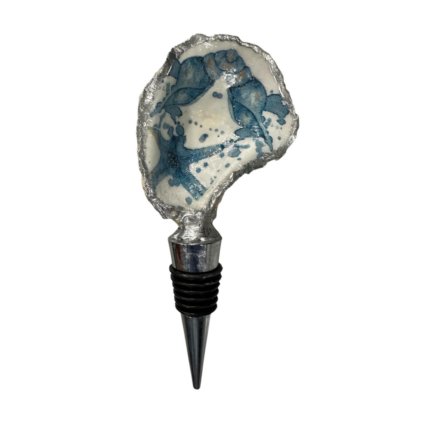 Handmade Oyster Shell Wine Bottle Stoppers – Decoupaged Coastal Designs – Silver-Gilt Edges- Unique Housewarming or Hostess Gift- 6 Styles
