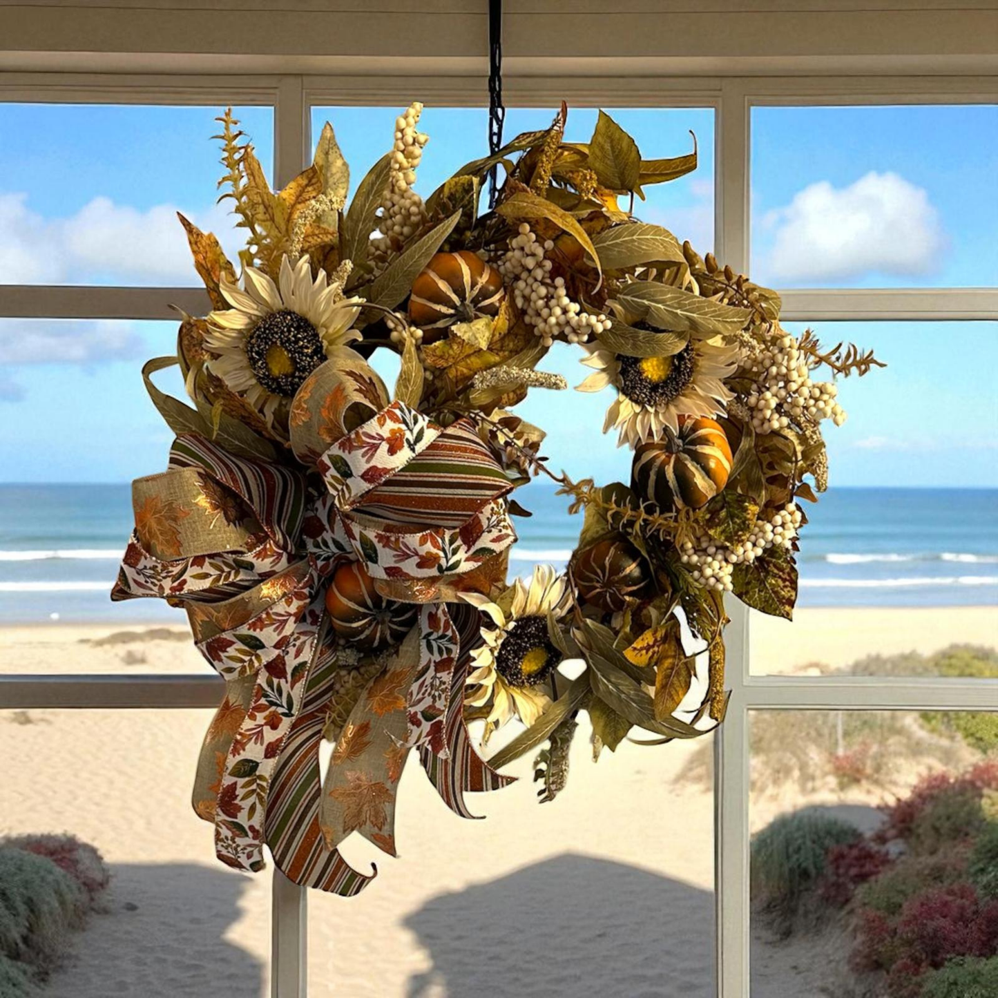 Handcrafted Fall Sunflower & Pumpkin Wreath with Autumn Leaves and Ribbon Bow – Thanksgiving Door or Mantel Decor