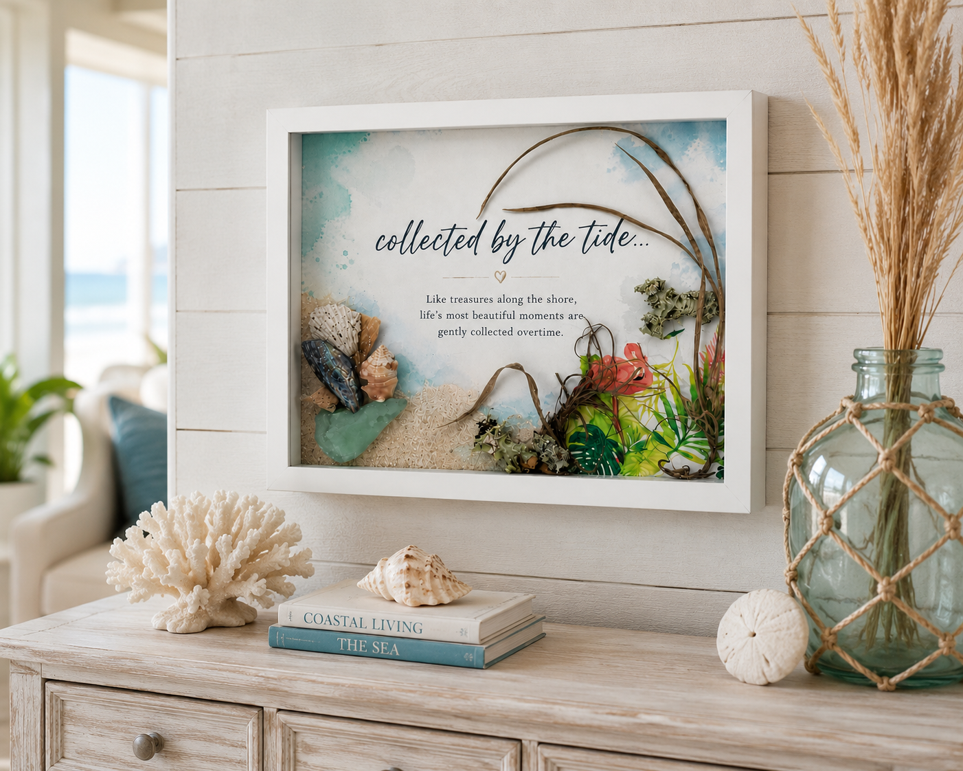 Collected by the Tide Coastal Shadow Box Art – Handmade Sea Glass & Shell Wall Décor – 8x10 White Framed Beach Artwork