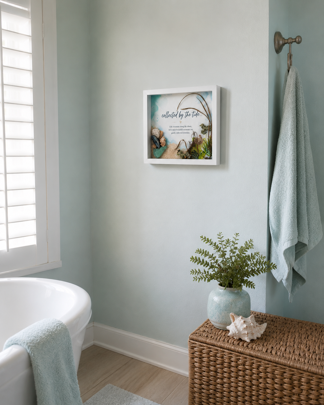 Collected by the Tide Coastal Shadow Box Art – Handmade Sea Glass & Shell Wall Décor – 8x10 White Framed Beach Artwork