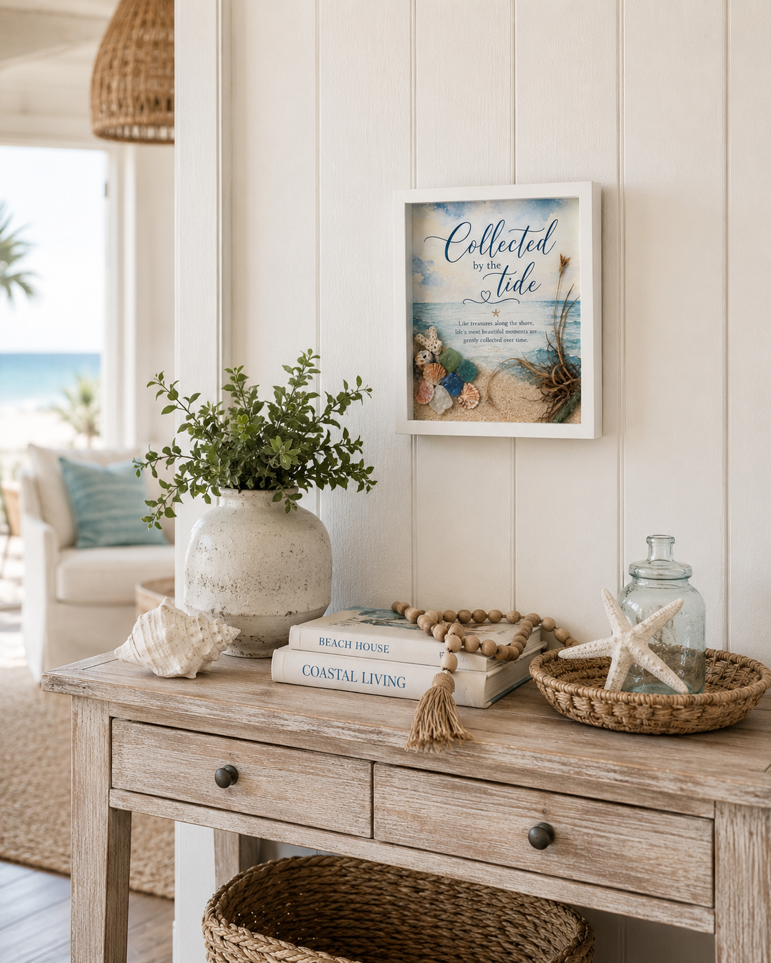 Collected by the Tide Coastal Shadow Box Art – Handmade Sea Glass & Shell Wall Décor – 8x10 White Framed Beach Artwork