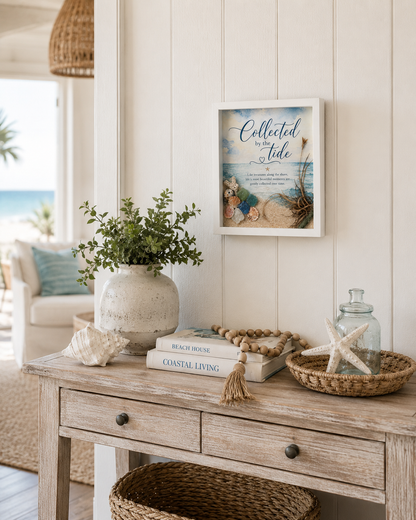 Collected by the Tide Coastal Shadow Box Art – Handmade Sea Glass & Shell Wall Décor – 8x10 White Framed Beach Artwork
