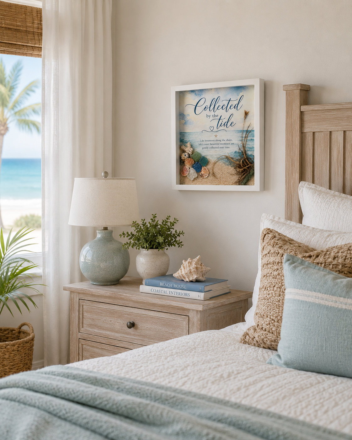 Collected by the Tide Coastal Shadow Box Art – Handmade Sea Glass & Shell Wall Décor – 8x10 White Framed Beach Artwork